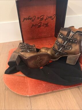 freebird Metallic Bronze Strapped Leather Heeled Ankle Boots